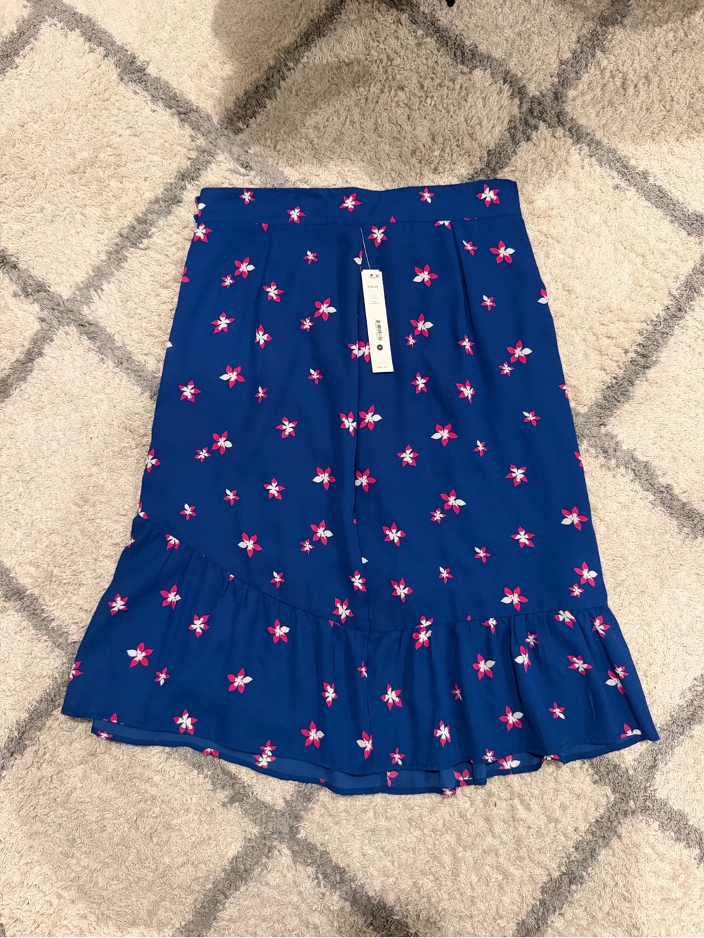 Aqua Blue Midi Skirt with Pink Floral Print and Ruffle Hem